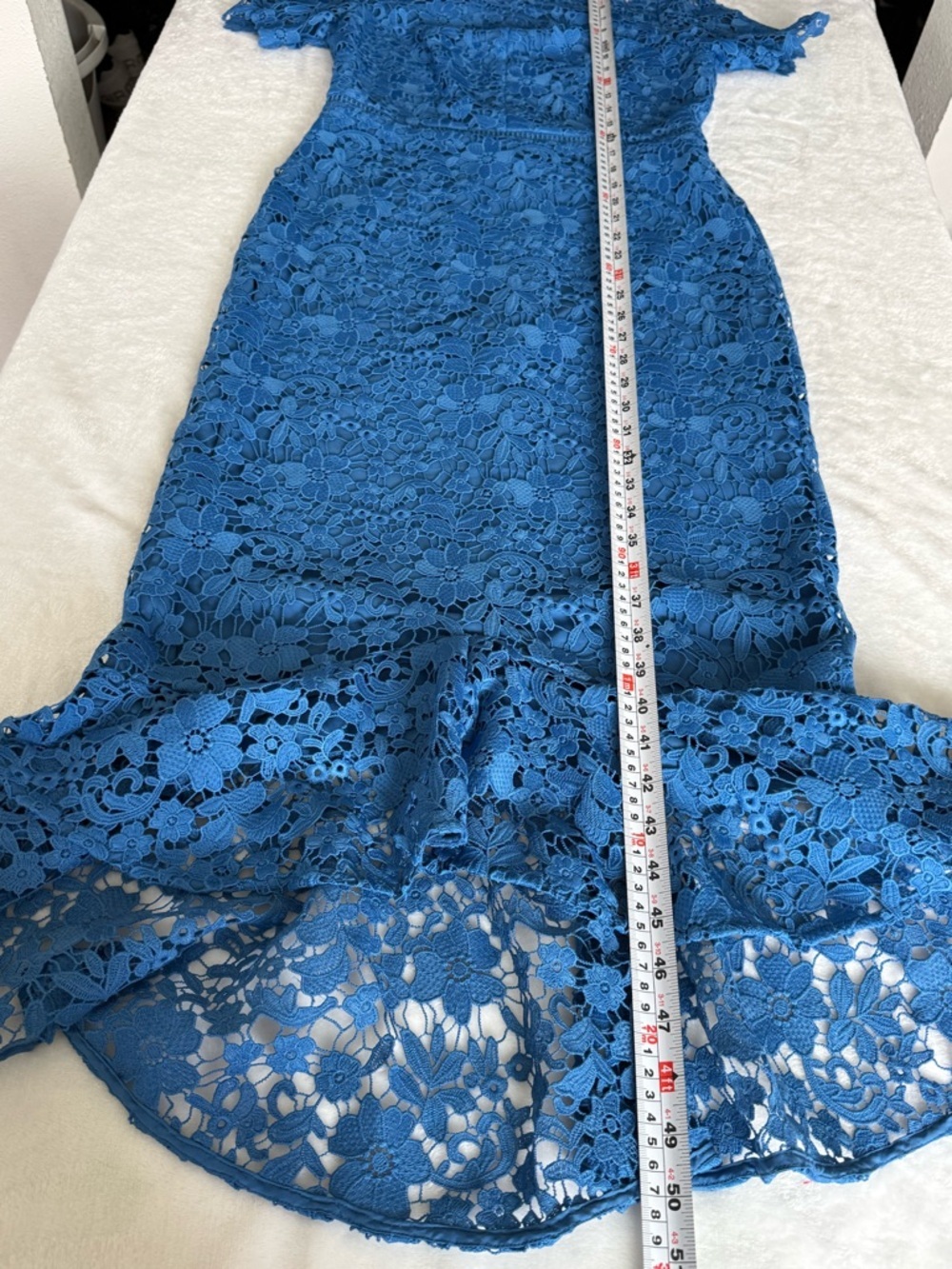 Shoshanna Blue Lace Midi Dress Size 0 Floral Crochet Fitted Ruffle Hem - Picture 10 of 15